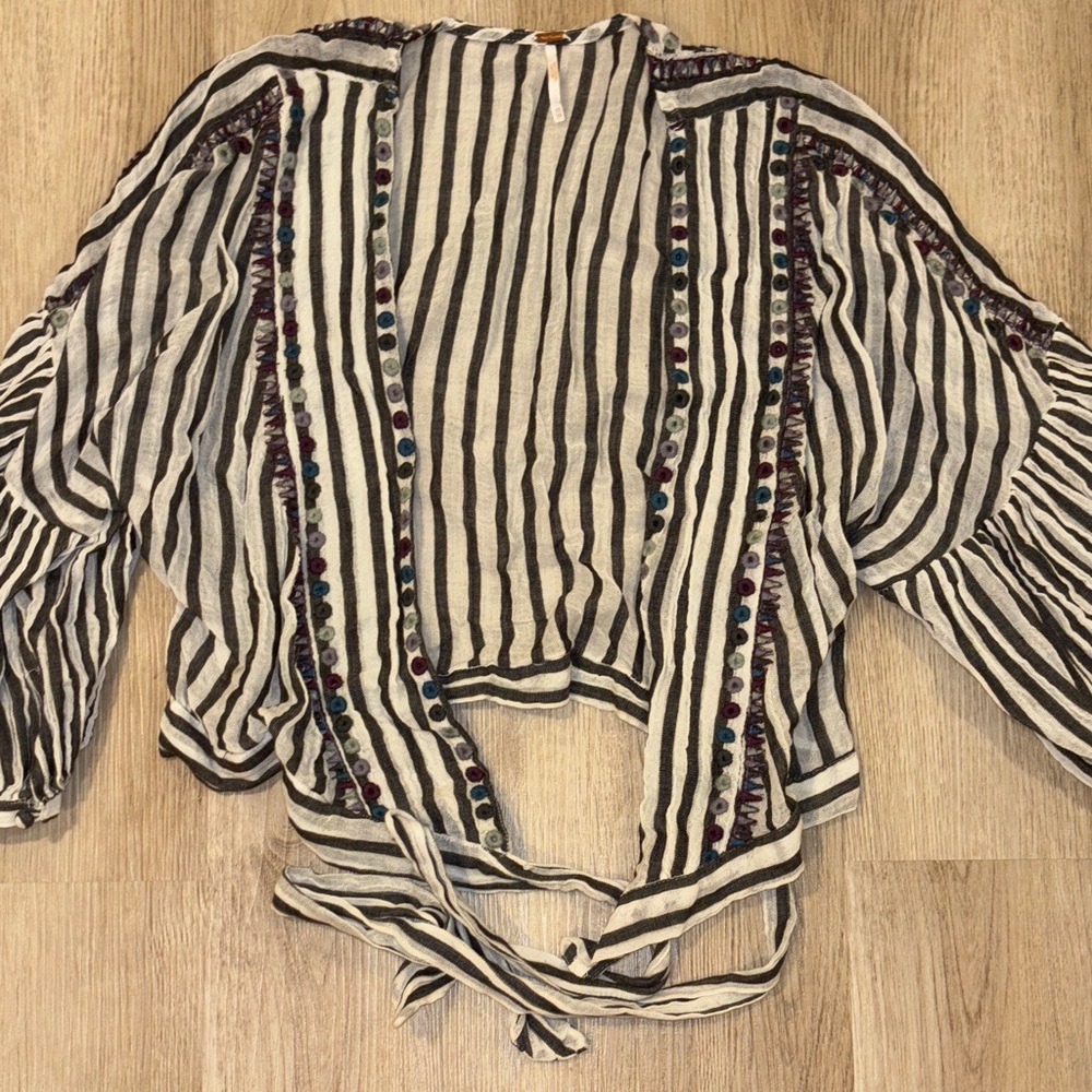 Free People Black and White Striped Blouse with Embroidery